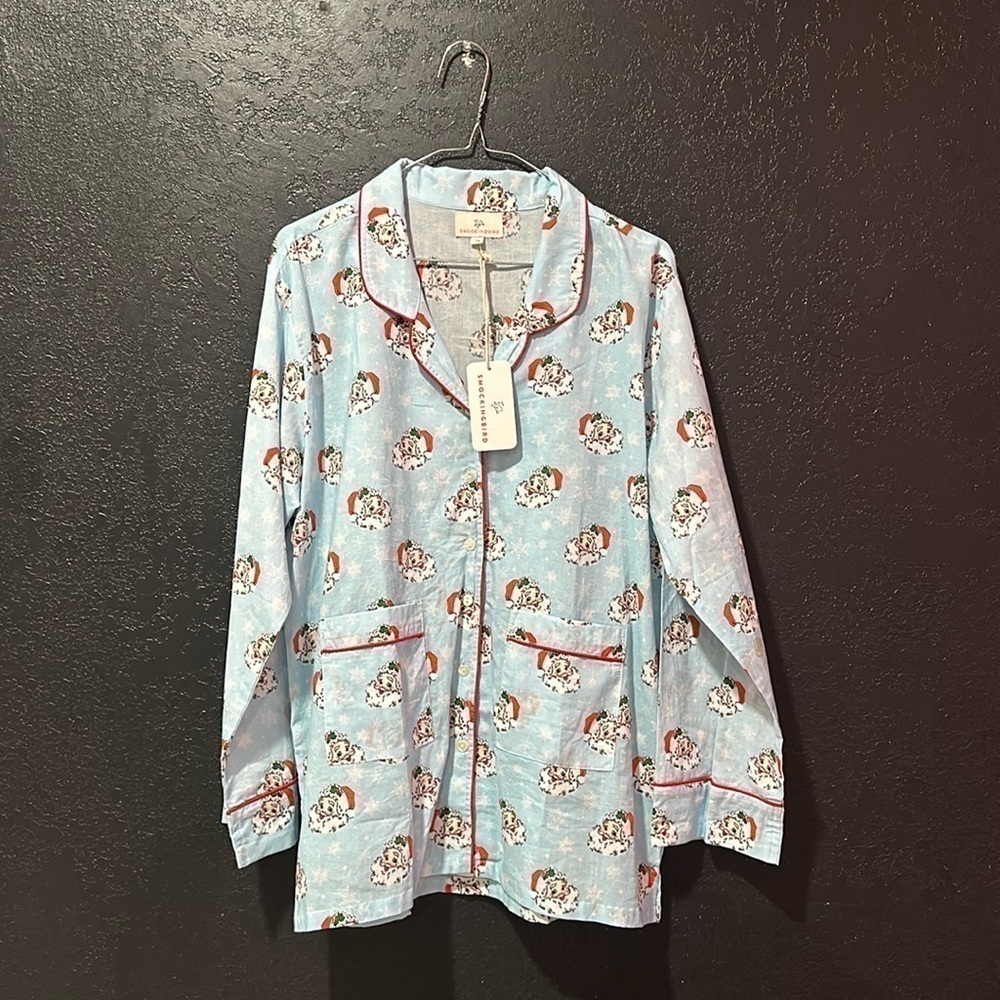 SMOCKING BIRD Vintage Santa Blue Button Down Women’s Pajama Set Size L NWT